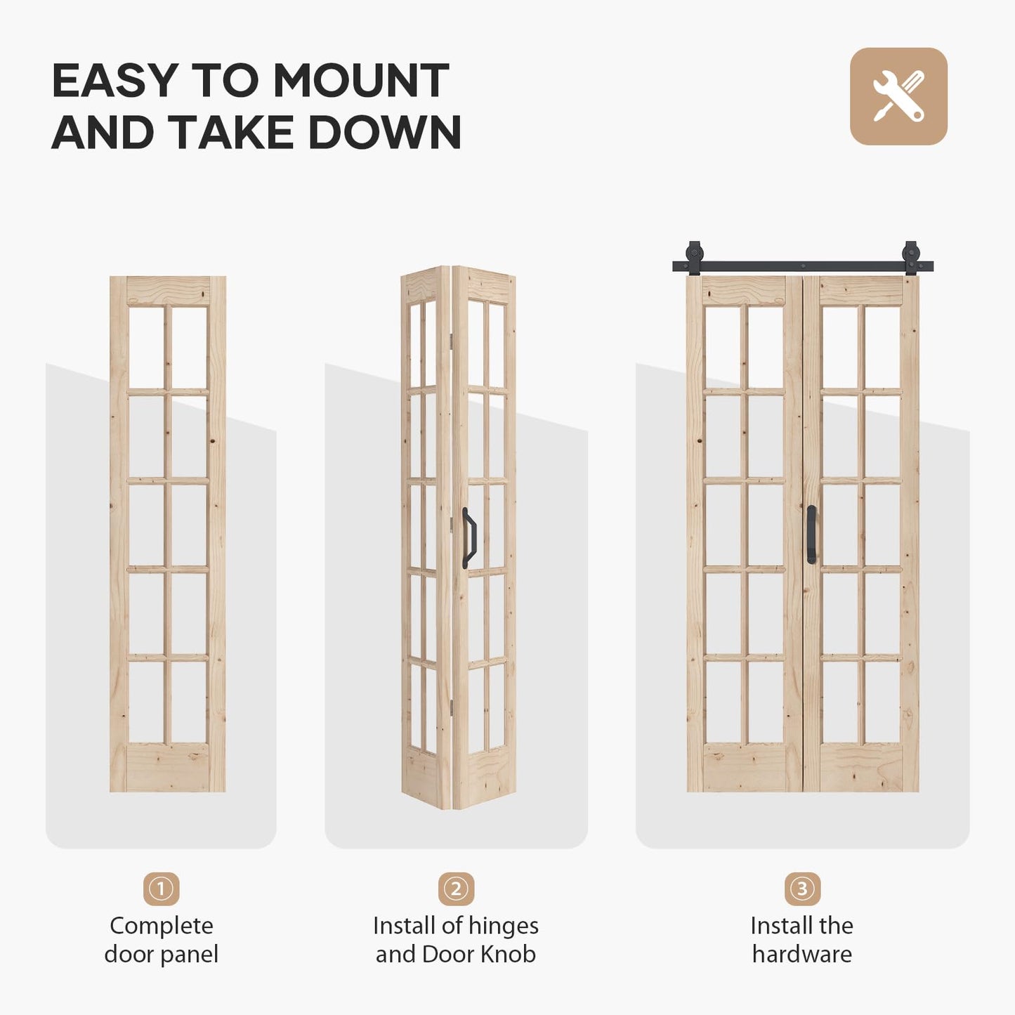 Easelife 36 x 84 in (Double 18x84 inch) Bifold French Glass Door,Sliding Folding Barn Doors with 3.3FT Hardware Track kit Included,Preassembled,Easy Install