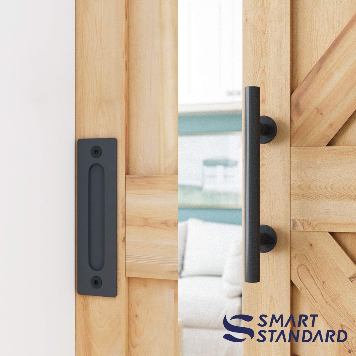 SMARTSTANDARD 6.8 FT Heavy Duty Sturdy Sliding Barn Door Hardware Kit, Black, (Whole Set Includes 1x Pull Handle Set & 1x Floor Guide) Fit 36"-40" Wide Door Panel (I Shape Hanger)