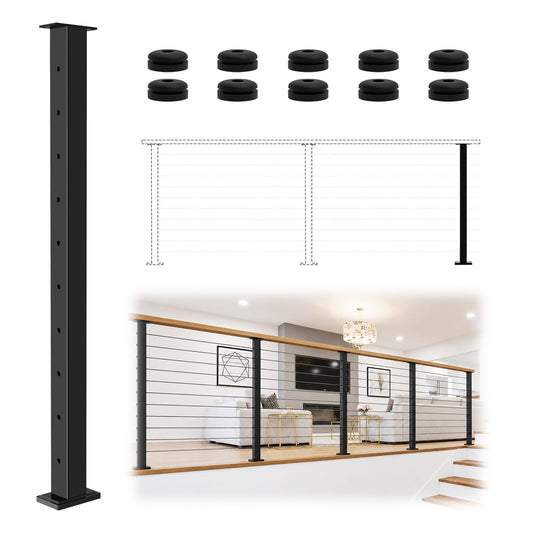 Zylorix 36" T304 Cable Railing Post(Post 35"x2"x2"), Level Drilled Railing Post with Cable Grommets, Modular Fixed Top Mount Cable Handrail Post, Stainless Steel Black Finish Indoor Outdoor Deck Post