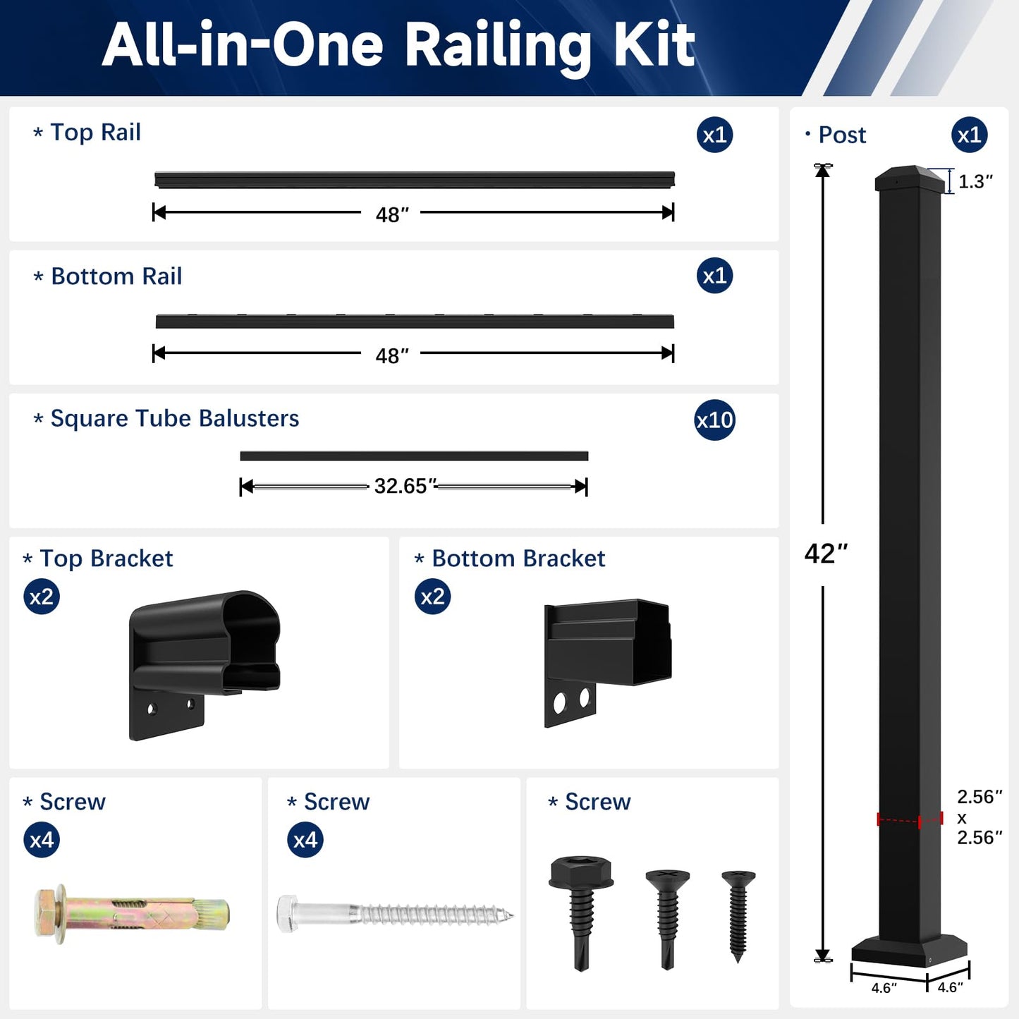 Egadis 42 in. H x 4 ft. W Porch and Deck Railing Kit, Aluminum Railing Kit, Black Textured AAMA 2604 Powder-Coat Finish Modular Rail System for Outdoor Decks, Porches & Balconies (1 Post, 1 Panel)