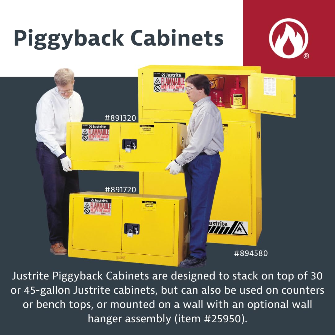 Justrite 17 Gallon Manual Close Piggyback Flammable Storage Cabinet, 18 Gauge Steel, 1 Shelf, 2 Door Fire Cabinet, 24" x 43" x 18", Made in The USA, Yellow, 891700