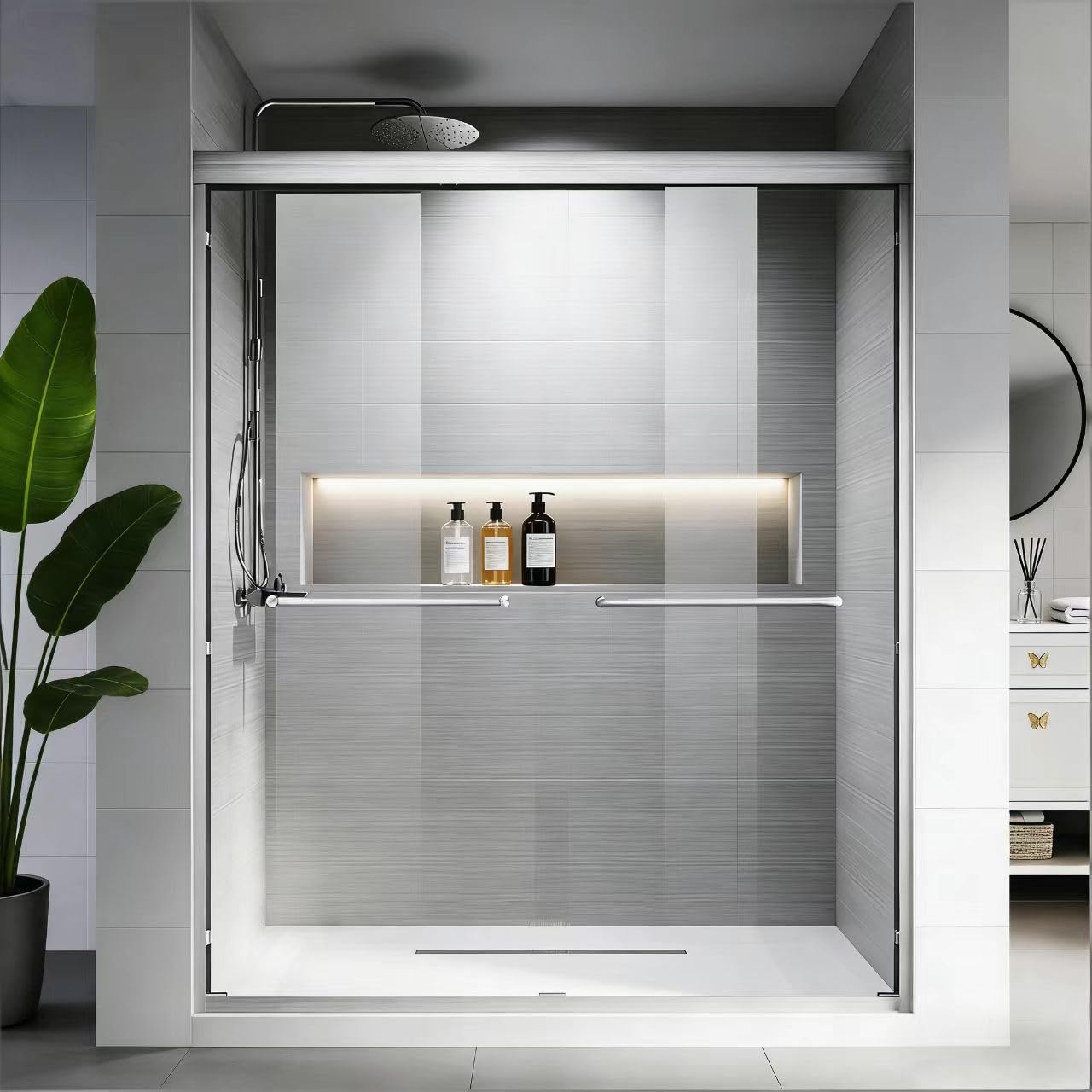 Carvmpin Glass Double Sliding Shower Door, 44-48" W X 72" H Semi-Frameless Shower Doors for Walk in Shower, with 1/4 Inch SGCC Clear Tempered Glass, Brushed Nickel