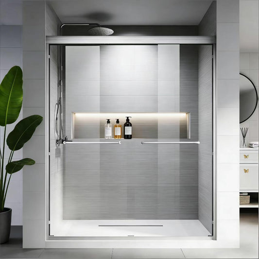 Carvmpin Glass Double Sliding Shower Door, 44-48" W X 72" H Semi-Frameless Shower Doors for Walk in Shower, with 1/4 Inch SGCC Clear Tempered Glass, Brushed Nickel