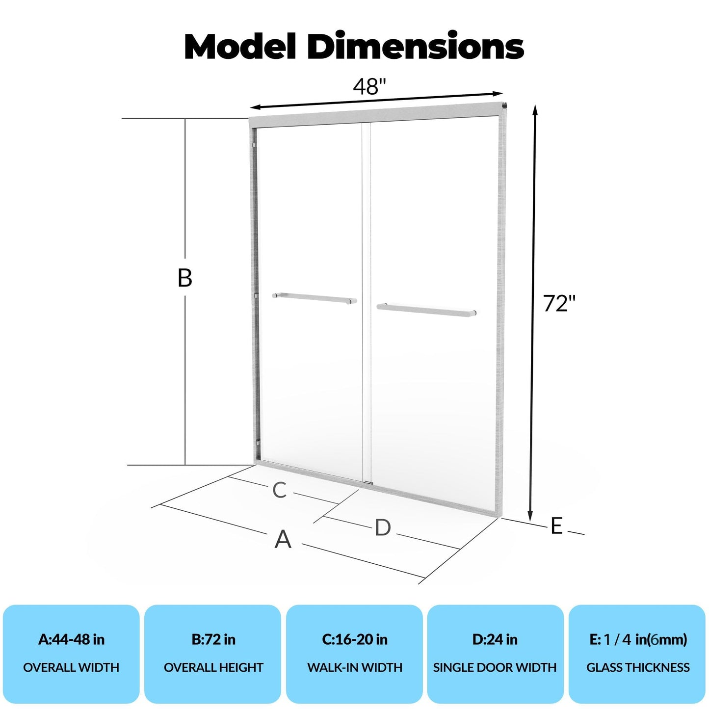 GarveeTech 44" - 48" W x 72" H Semi-Frameless Double Sliding Shower Door, Bypass Walk-in Shower Enclosure with 1/4" Tempered Glass, Silver Finish
