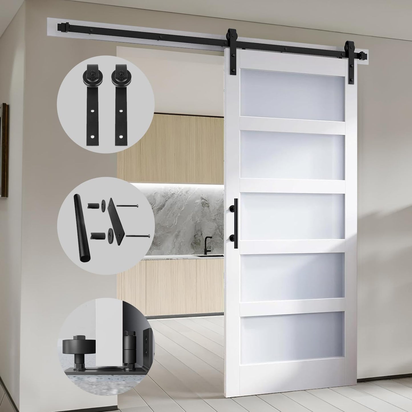 S&Z TOPHAND 36in x 84in Glass Sliding MDF Barn Door with 6.6FT Sliding Door Hardware Kit, 5 Tempered Frosted Glass, Slab Inside Covered with Water-Proof PVC Surface, Simple DIY Assembly