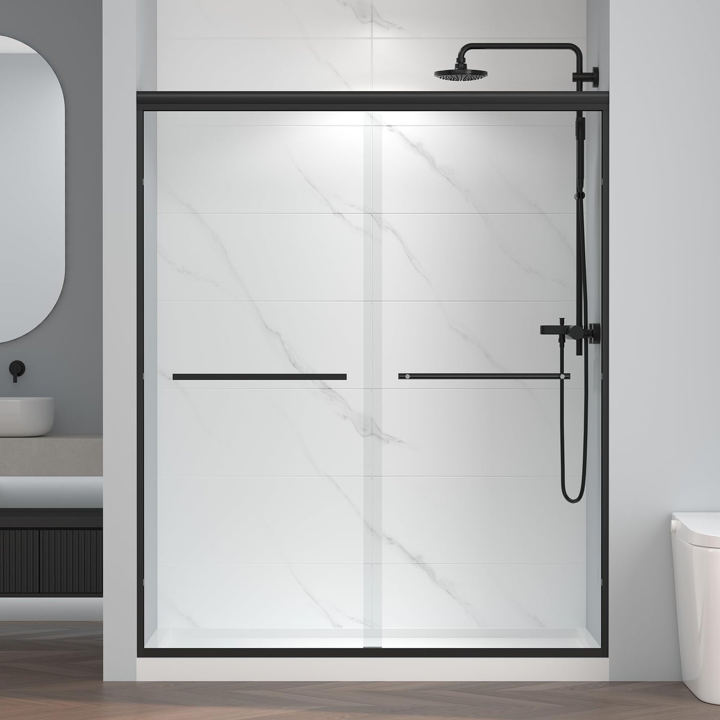 ENSO SENKA 56-60" W x 72" H Semi-Frameless Bypass Sliding Shower Door, Easy-to-Clean Treated Clear Tempered Glass, Matte Black