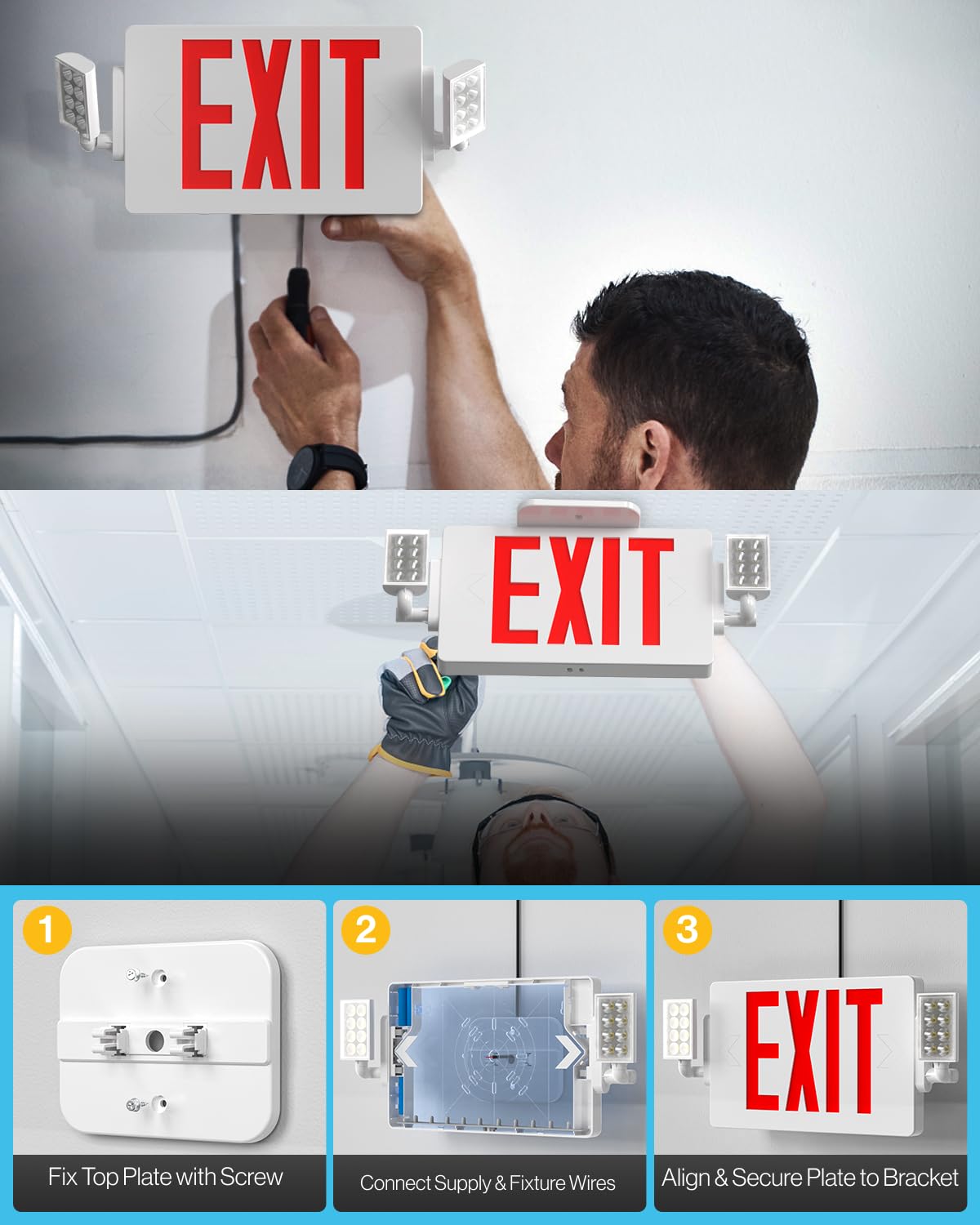 Sunco 6 Pack Emergency Exit Signs With Lights With Backup Battery, Red, 94V-0 Fire Resistant, 120-277V, Wall Or Ceiling Mount, Commercial Grade UL