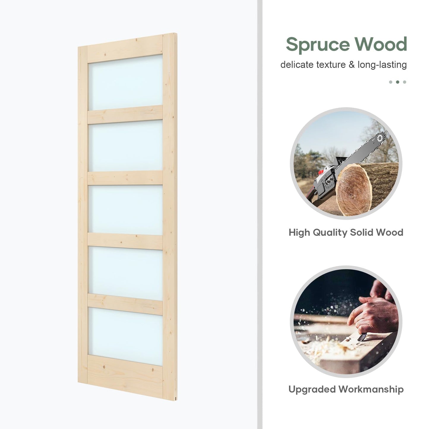 ROYMELO 32x84 inch Glass Sliding Barn Door Slab with 5.5ft Hardware Kit Included, 5-Panel Frosted Glass, Spruce Wood Support DIY Dyeing, Easy Assembly