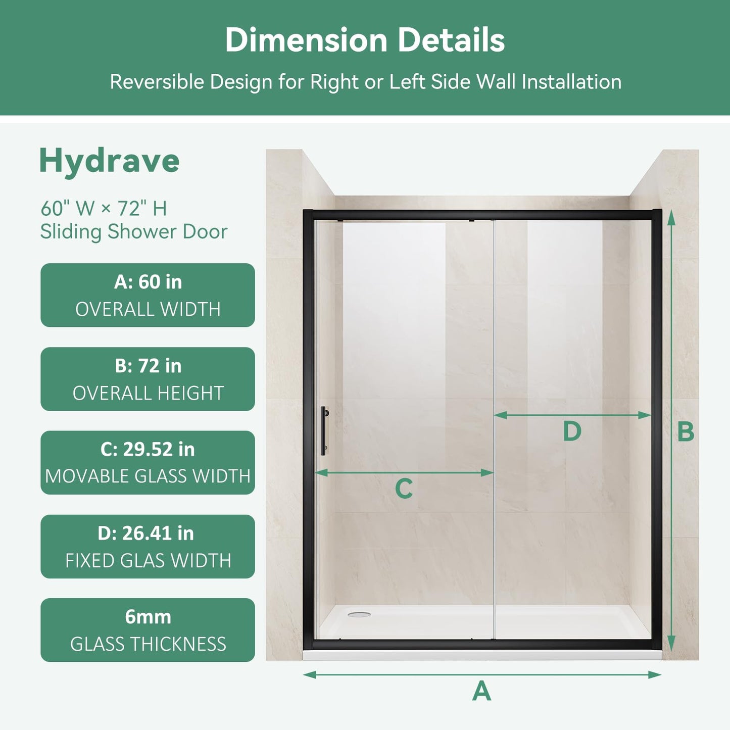 Hydrave Sliding Shower Door 60 in.D x 72 in. H|1/4 in. High-Strength Clear Tempered Glassd Shower Door| Aluminum Frame Semi-Frameless Sliding Door| Black (Shower Base Not Included)
