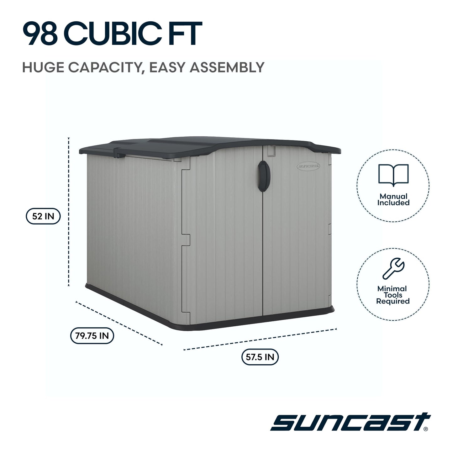 Suncast 138 Cu Ft Horizontal Outdoor Storage Shed, 57.5"x79.75"x52" Glidetop Outdoor Shed with Sliding Lid, Resin Storage Sheds with Floor for Bikes, Motorcycles, & Lawn Mower, Made in The USA