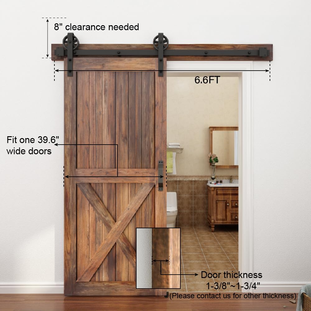 WINSOON 5-16FT Single Wood Sliding Barn Door Hardware Basic Black Big Spoke Wheel Roller Kit Garage Closet Carbon Steel Flat Track System (6.6FT)