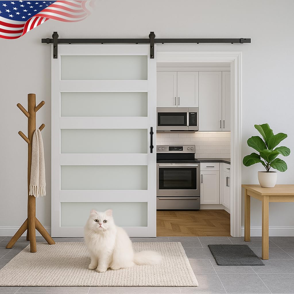 S&Z TOPHAND® 60in x 96in Glass Sliding MDF Barn Door with 10FT Sliding Door Hardware Kit, 5 Tempered Frosted Glass, Slab Inside Covered with Water-Proof PVC Surface, Simple DIY Assembly