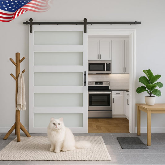 S&Z TOPHAND® 60in x 96in Glass Sliding MDF Barn Door with 10FT Sliding Door Hardware Kit, 5 Tempered Frosted Glass, Slab Inside Covered with Water-Proof PVC Surface, Simple DIY Assembly