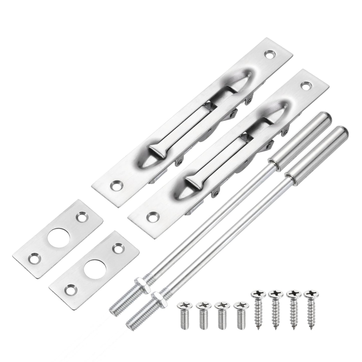 uxcell 2 Pack Extension Flush Bolt with Rod, 8 Inch Stainless Steel Door Flush Bolt Latch Concealed Security Door Lock for Double French Doors, Composite, Wood Doors, Silver