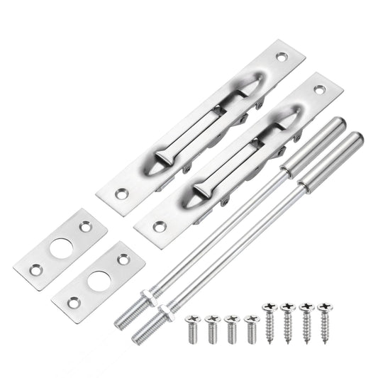 uxcell 2 Pack Extension Flush Bolt with Rod, 8 Inch Stainless Steel Door Flush Bolt Latch Concealed Security Door Lock for Double French Doors, Composite, Wood Doors, Silver