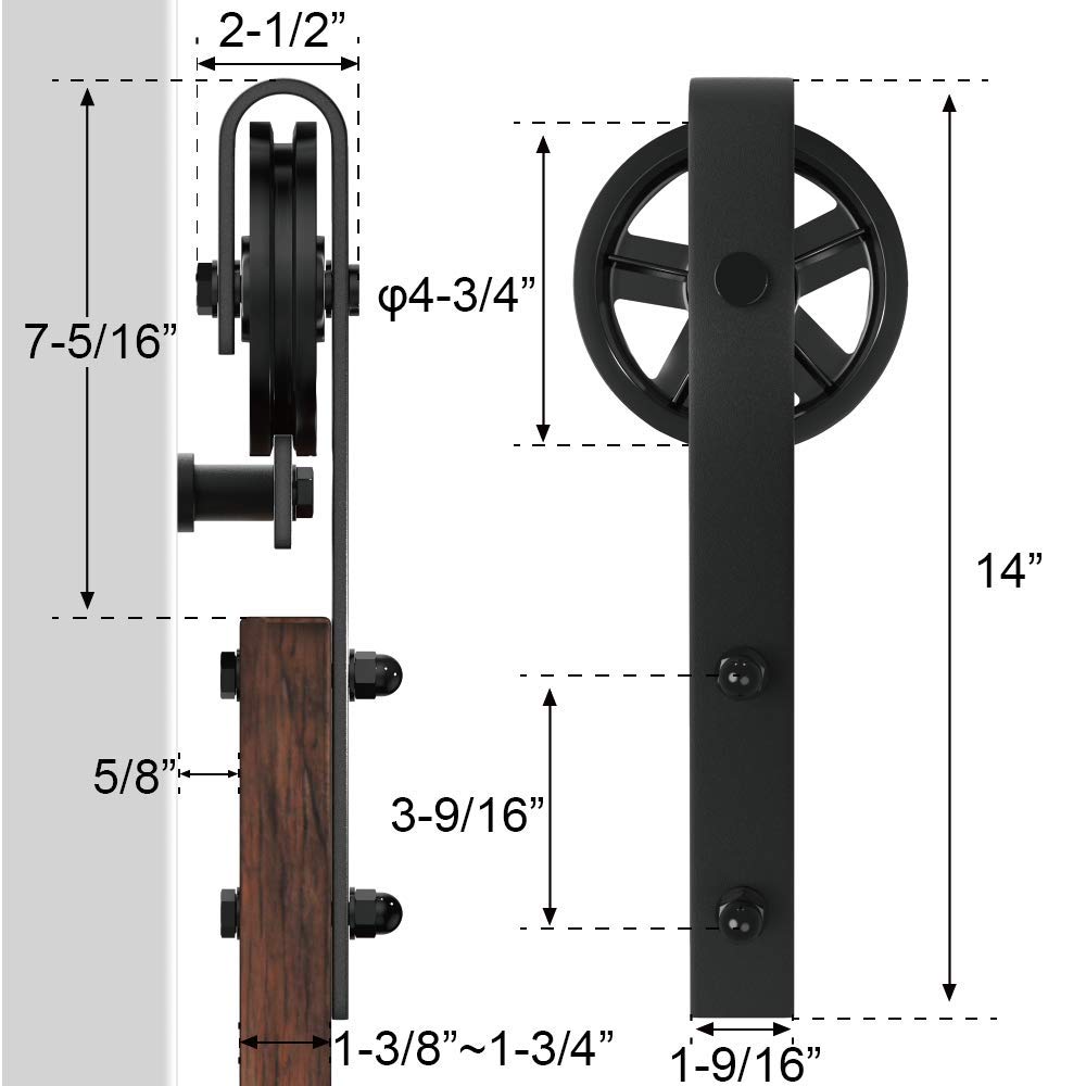 WINSOON 5-16FT Single Wood Sliding Barn Door Hardware Basic Black Big Spoke Wheel Roller Kit Garage Closet Carbon Steel Flat Track System (6.6FT)
