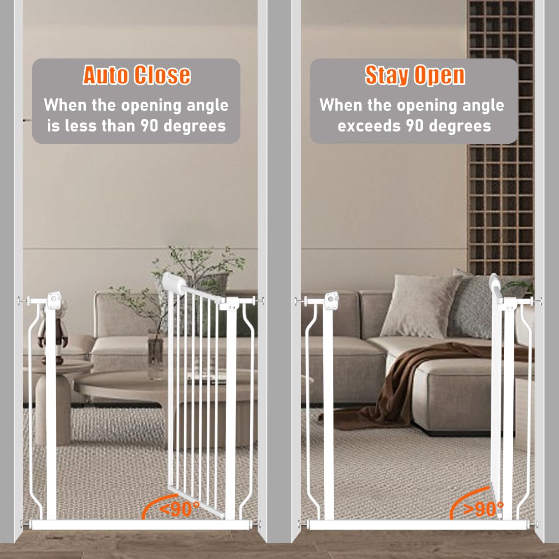 Fairy Baby Extra Wide Baby Gate for Doorways Auto Close Safety Gates for Bedroom, Fits 57.5 Inch to 62 Inch with Pressure Mounted Extention Kit, White
