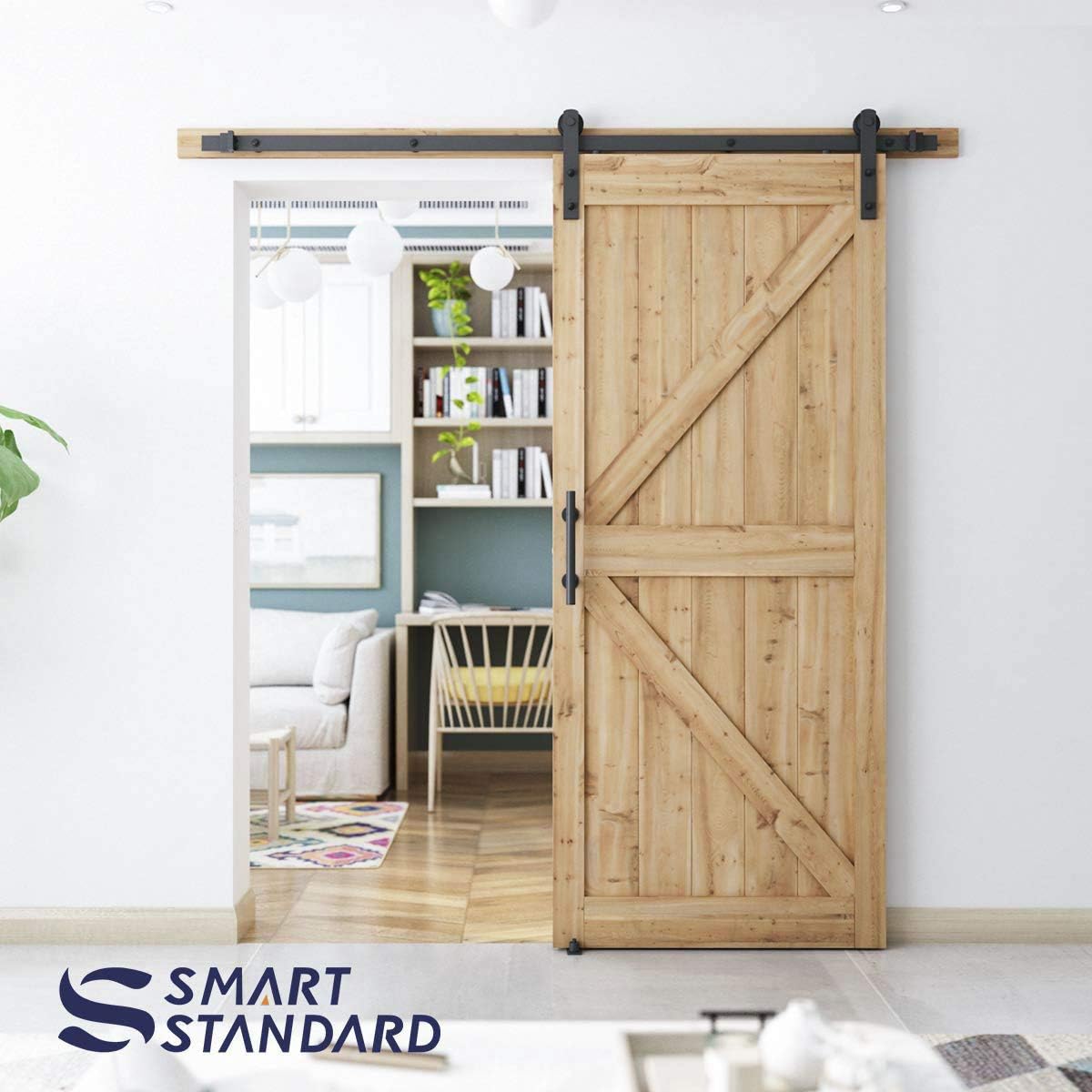 SMARTSTANDARD 6.8 FT Heavy Duty Sturdy Sliding Barn Door Hardware Kit, Black, (Whole Set Includes 1x Pull Handle Set & 1x Floor Guide) Fit 36"-40" Wide Door Panel (I Shape Hanger)
