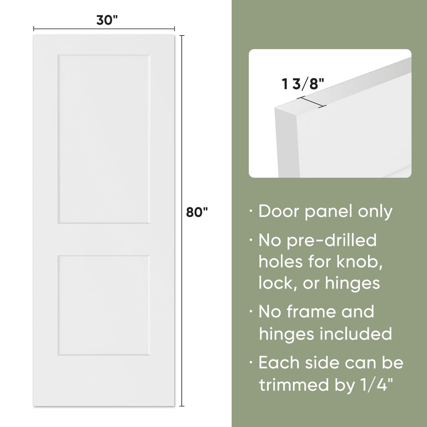 BARNSMITH 30x80 in 2-Panel White Primed Molded Door Slab, Shaker Style Paintable Hollow Core Interior Door Panel, for Swing, Pocket, Sliding Door, Durable and Lightweight, No Assembly Required