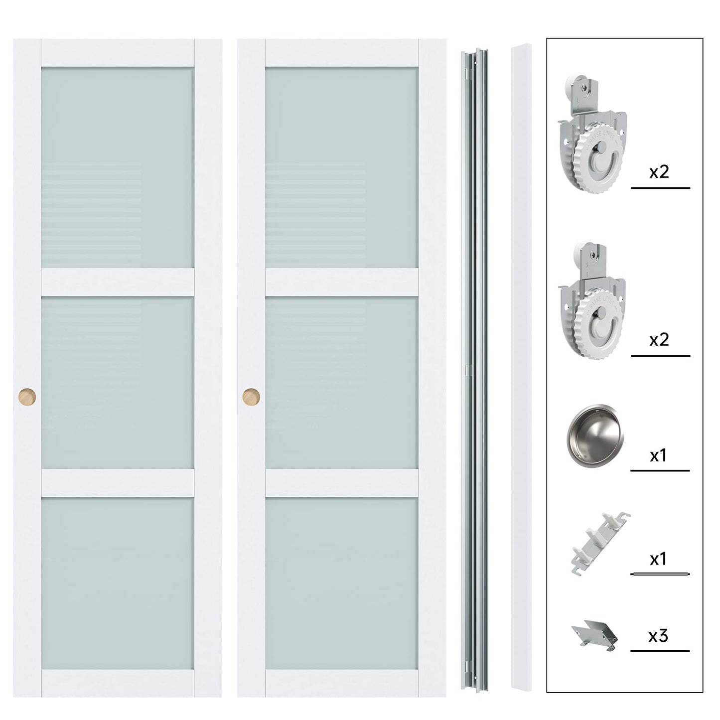 Finosen Preassembled Sliding Closet Door 48"×80"(Double 25"), 3-Lite Frosted Glass Bypass Door with Hardware Kit Include,Wood Slab with Water-Proof PVC Surface, Easy to Install, White.