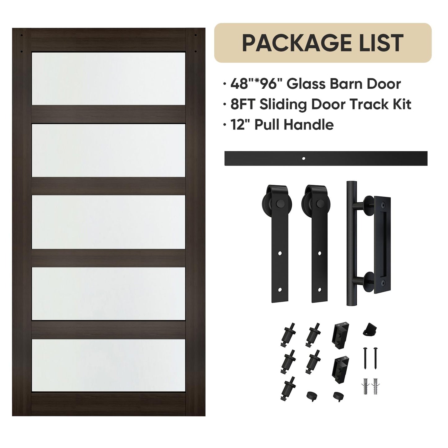 BARNSMITH 48in x 96in Glass Barn Door and 8FT Sliding Door Hardware Included, 5-Panel Frosted Glass Sliding Barn Door, Solid Wood Covered with Water-Proof PVC Surface, Easy Assembly, Brown