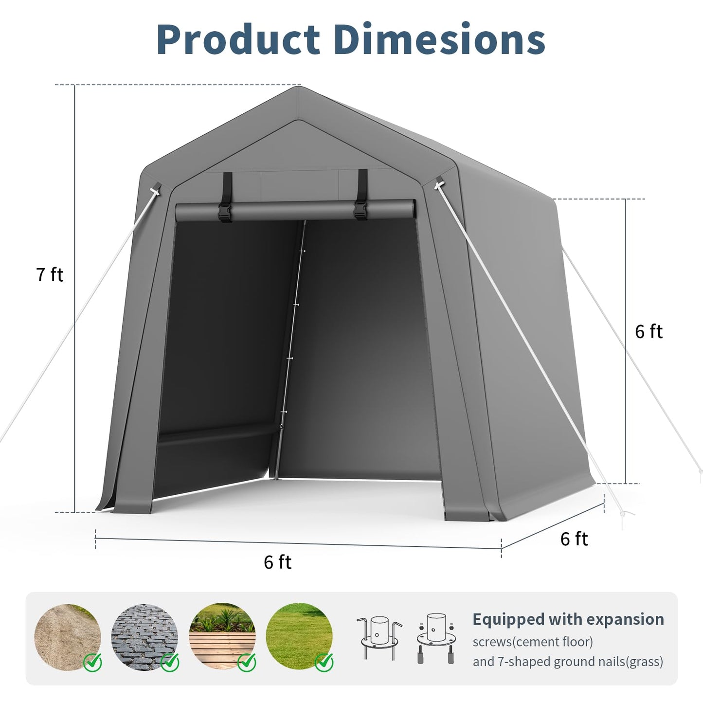 GAOMON 6'x6' Outdoor Portable Garage, Waterproof & UV-Resistant Storage Shed with 2 Roll-Up Doors, Carport Tent for Motorcycle, Bike, and Tools, Gray