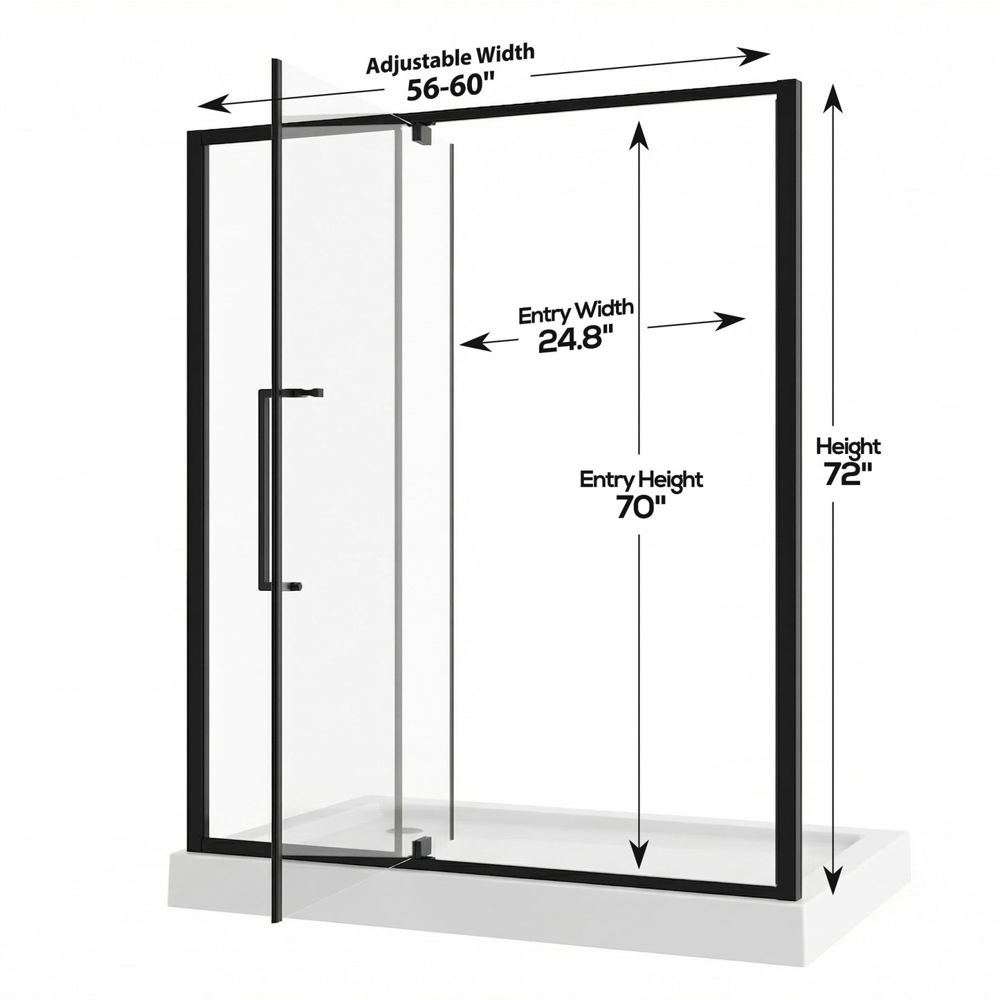 56-60" W x 72" H Pivot Shower Doors, Semi-Frameless Swing Water Repellent Glass Shower Doors with 1/4" (6mm) Clear SGCC Tempered Glass, Matte Black Finish, Reversible Installation, Magnetic Closing