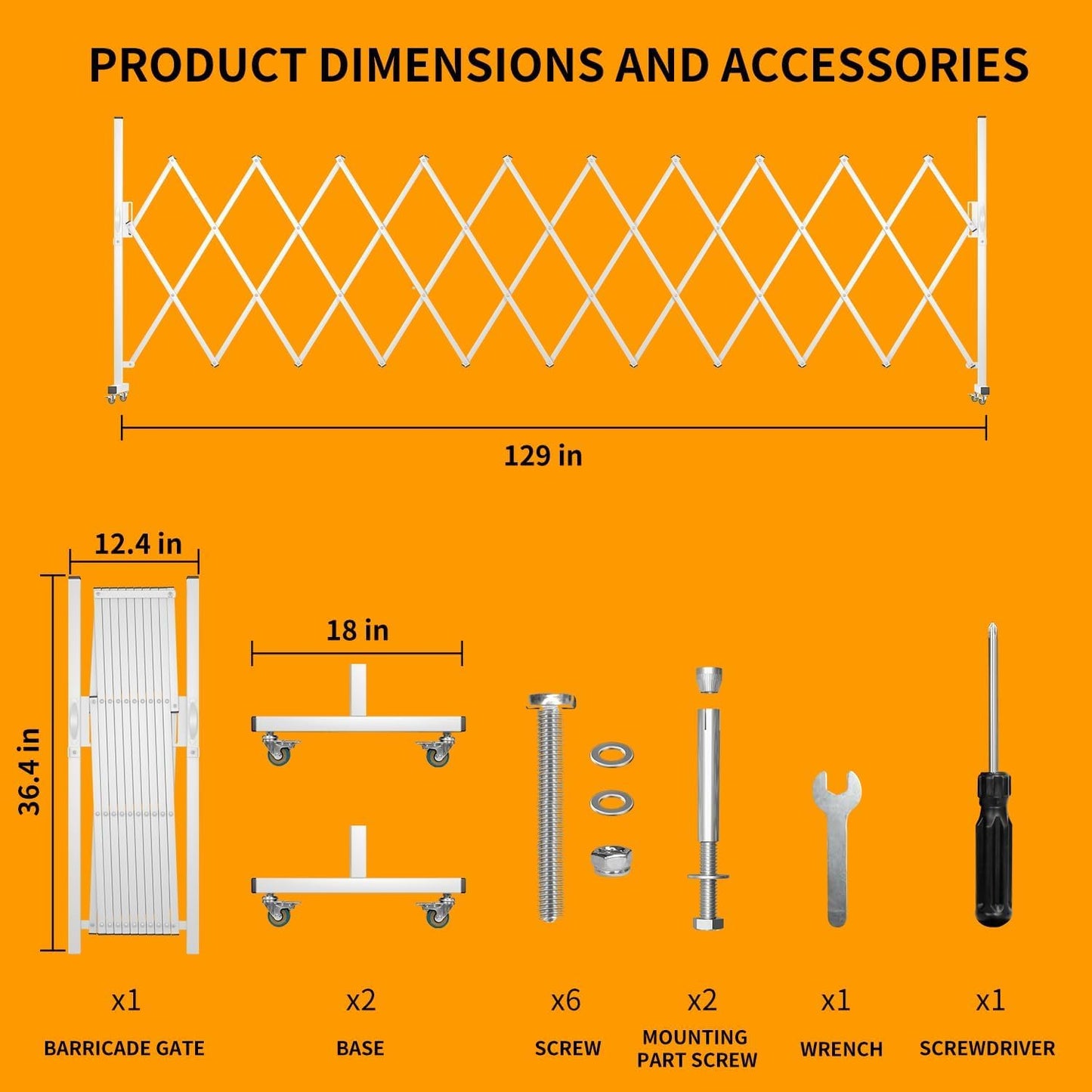 Expandable Barricade Gate,129” Metal Safety Barrier Gate with Casters,Accordion Garden Yard Outdoor Indoor Fence Folding Security Dog Gates Wall Mount,White