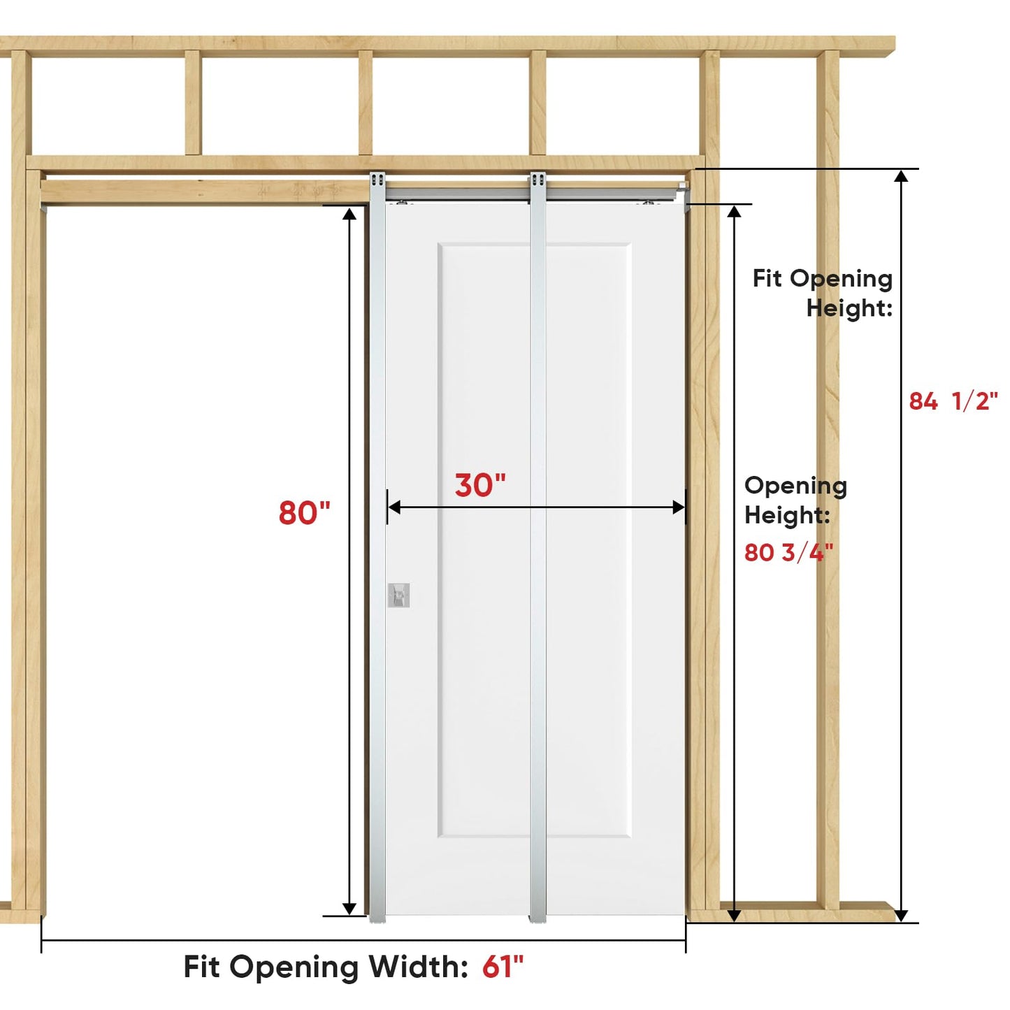 BARNSMITH 30in x 80in Sliding Pocket Door, Track Hardware and Frame Kits with 1-Panel White Paintable Door Slab & Satin Nickel Privacy Latch Included, Soft Close Mechanism, Durable and Smooth
