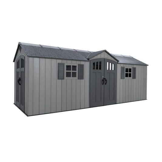 Lifetime 20x8 Ft Outdoor Storage Shed, Gray HDPE Construction, Steel-Reinforced Walls, Dual-Entry Design with Lockable Doors, Skylights, Adjustable Shelving System, Snow Load Kit Included