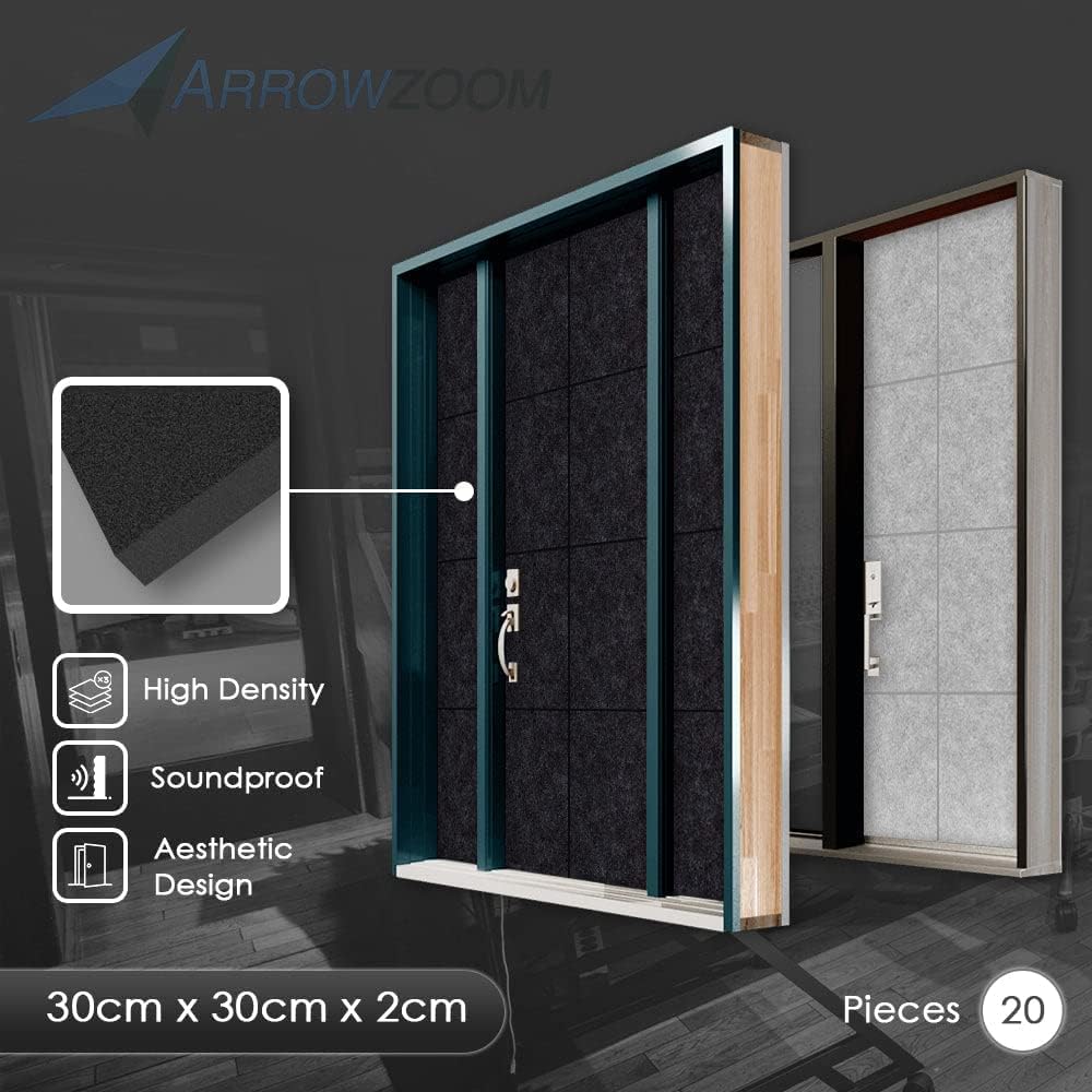 Arrowzoom Soundproof Door Kit PRO - 20pcs Black, High-Density Foam, Self-Adhesive, Sound Absorbing Panels 40dB Noise Reduction, 12x12x0.78in Sound Proof Panels for Door 1244