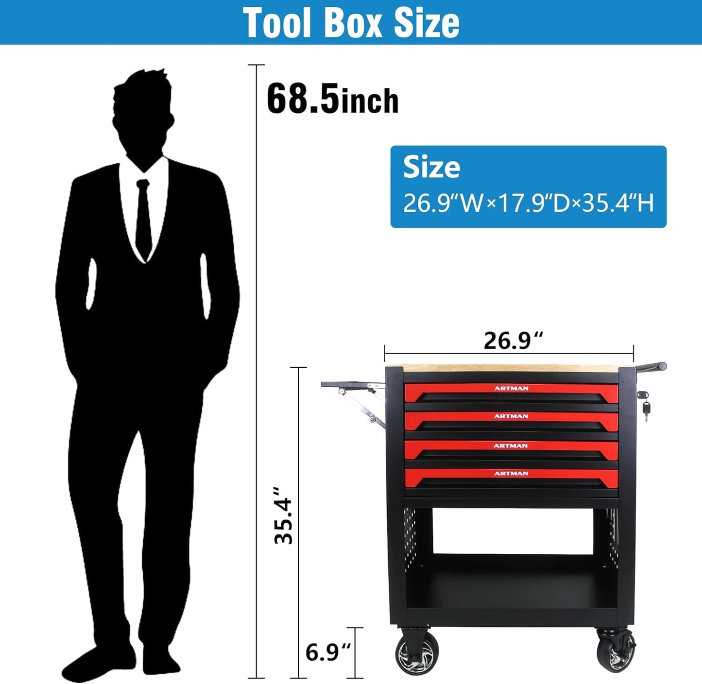 Thetilsy Rolling Tool Chest Cart with 4 Drawers,Storage Tool Cabinet on 4 Wheels. Lockable Tool Cart with Wooden Top and Adjustable Shelf.Tool Box for Garage,Repair Workshop(Wooden top, red)