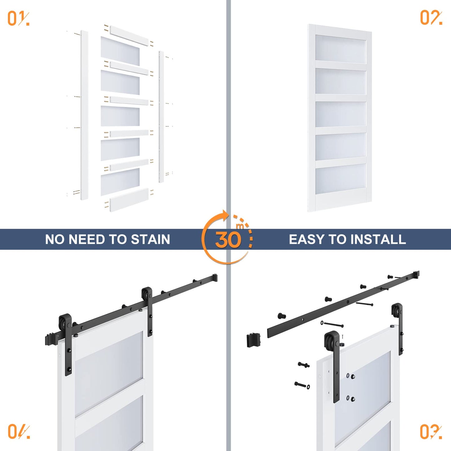 ROYMELO 30x80 Inch Glass Sliding Barn Door Slab and 5.5ft Hardware Kit Included, 5 Frosted Glass, LVL Wood Panel Covered with White Water-Proof Scratch-Proof PVC Surface, Simple DIY Assembly