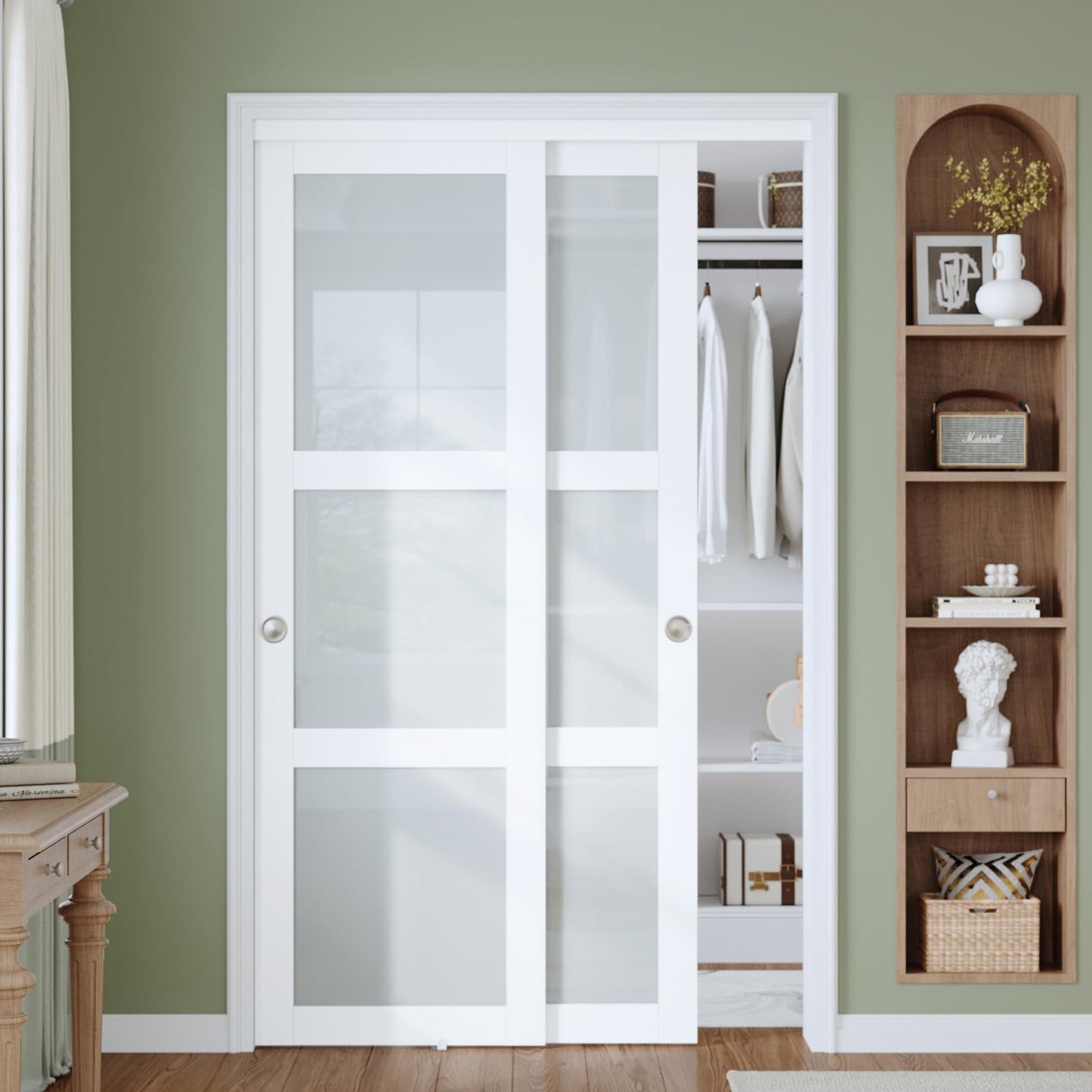 Finosen Preassembled Sliding Closet Door 48"×80"(Double 25"), 3-Lite Frosted Glass Bypass Door with Hardware Kit Include,Wood Slab with Water-Proof PVC Surface, Easy to Install, White.