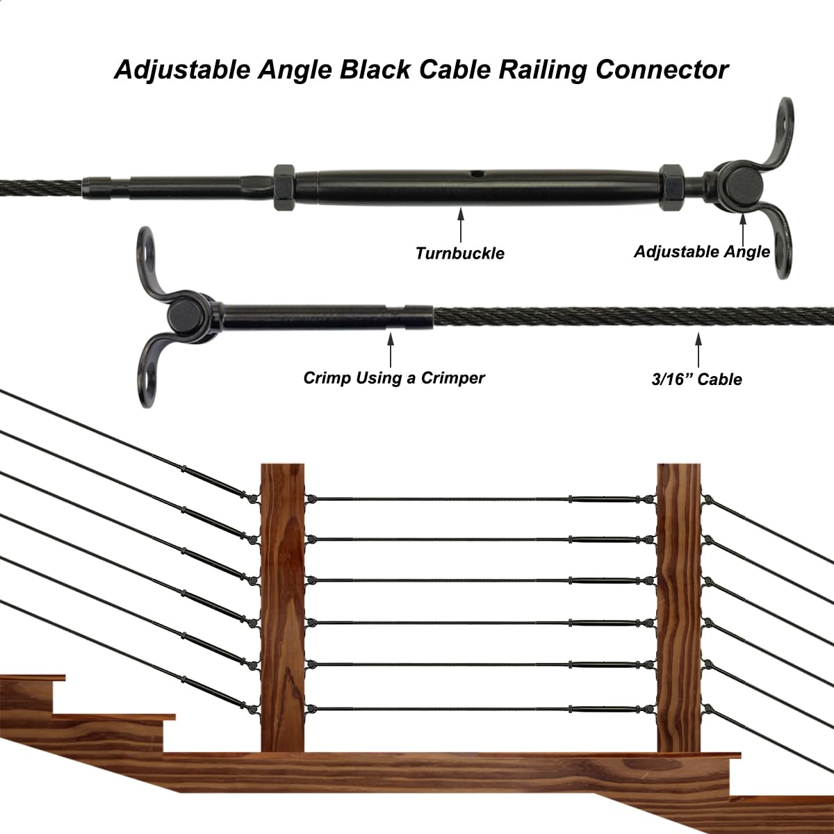 Toukioo Black Cable Railing Hardware Kit, for 3/16 Cable Railing System for Wood Posts, Stainless Steel Swage Toggle Turnbuckle 10 Pairs