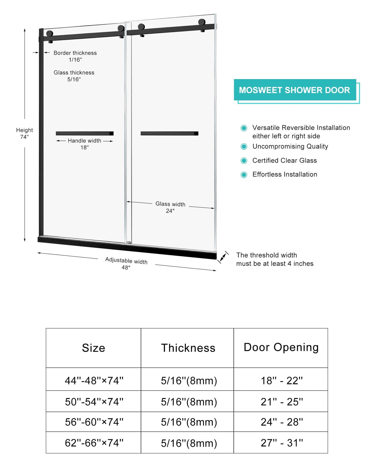 MoSweet Milano Double Sliding Shower Door, 44-48 in.W x 74 in.H Framed Shower Door 5/16"(8mm) Clear Tempered Glass, 18 inch Pull Handle, Stainless Steel Hardware, Matte Black Finished