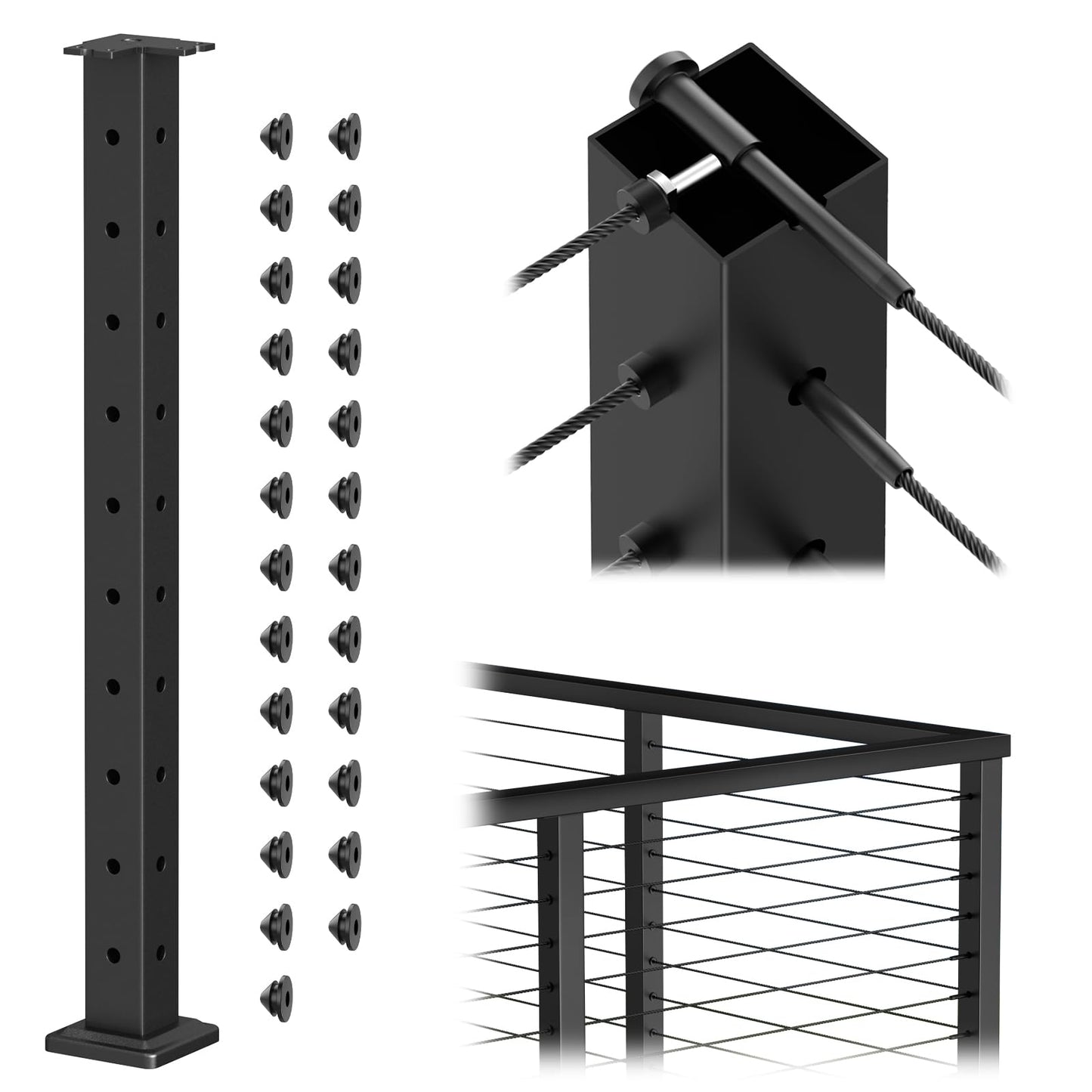 BLIKA 36" Cable Railing Corner Post(Post 35"x2"x2"), 3-Side Drilled Flat Top Surface Mount Corner Post, Stainless Steel Black Handrail Corner Post for Cable Railing Kits, BL05-CP