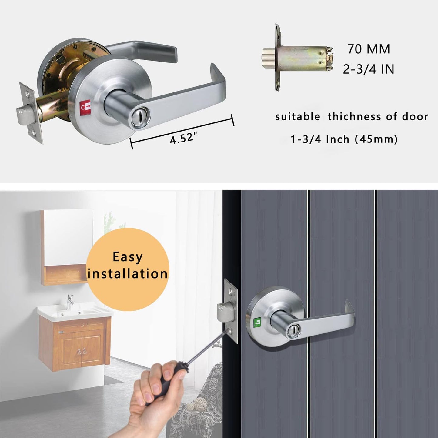 HISAFE Heavy Duty Commercial Grade 2 Privacy Door Lever, Satin Chrome Finished ADA Commercial Bathroom Door Handle, UL 3 Hour Fire Rated Ergonomic Lever, 70mm Latch