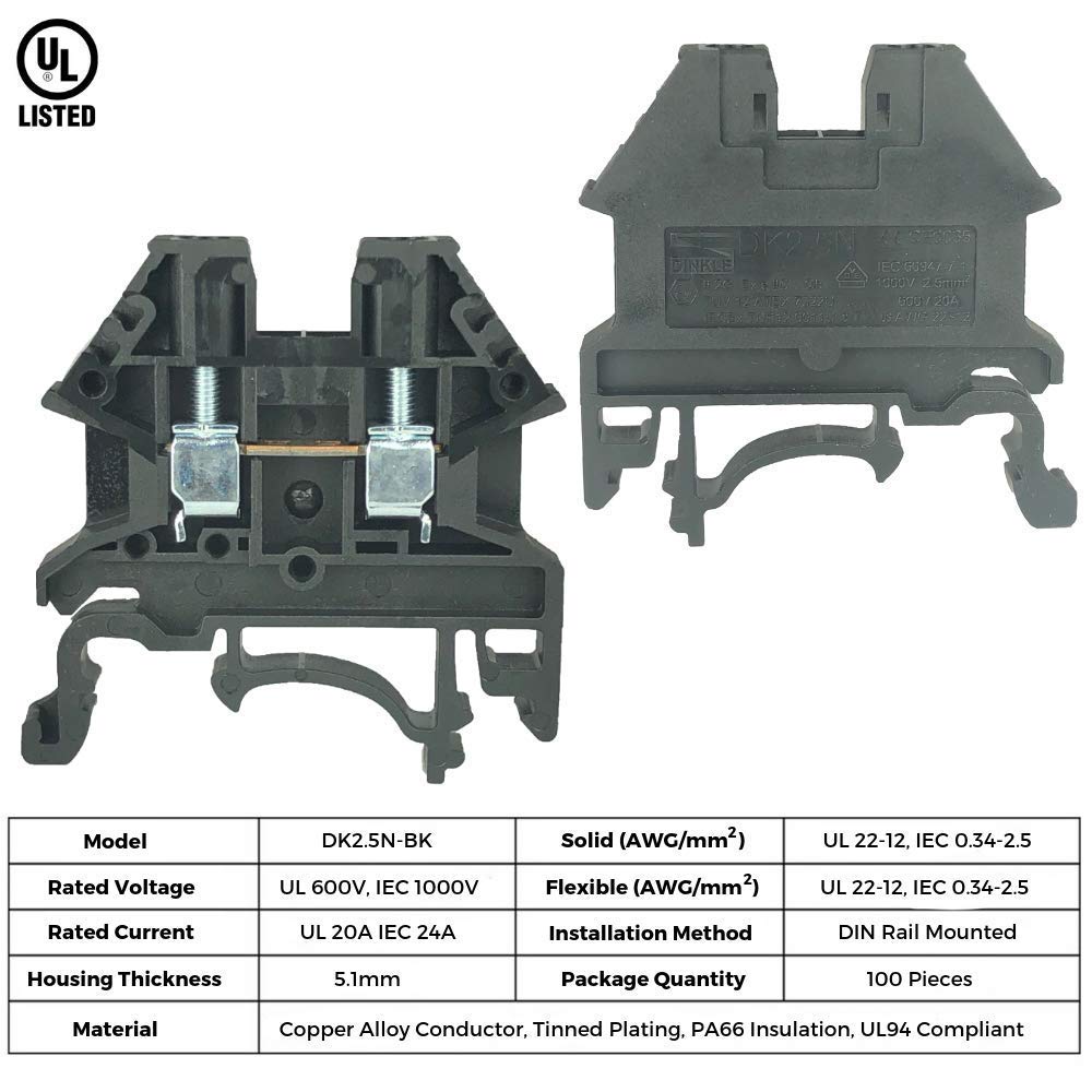 DIN Rail Terminal Blocks Kit by International Connector 20 Dinkle DK2.5N DIN Terminal Block Connectors 12-22 AWG Gauge 20A 600V, Ground Blocks, Jumpers, End Covers, End Brackets on 8'' Aluminum Rail