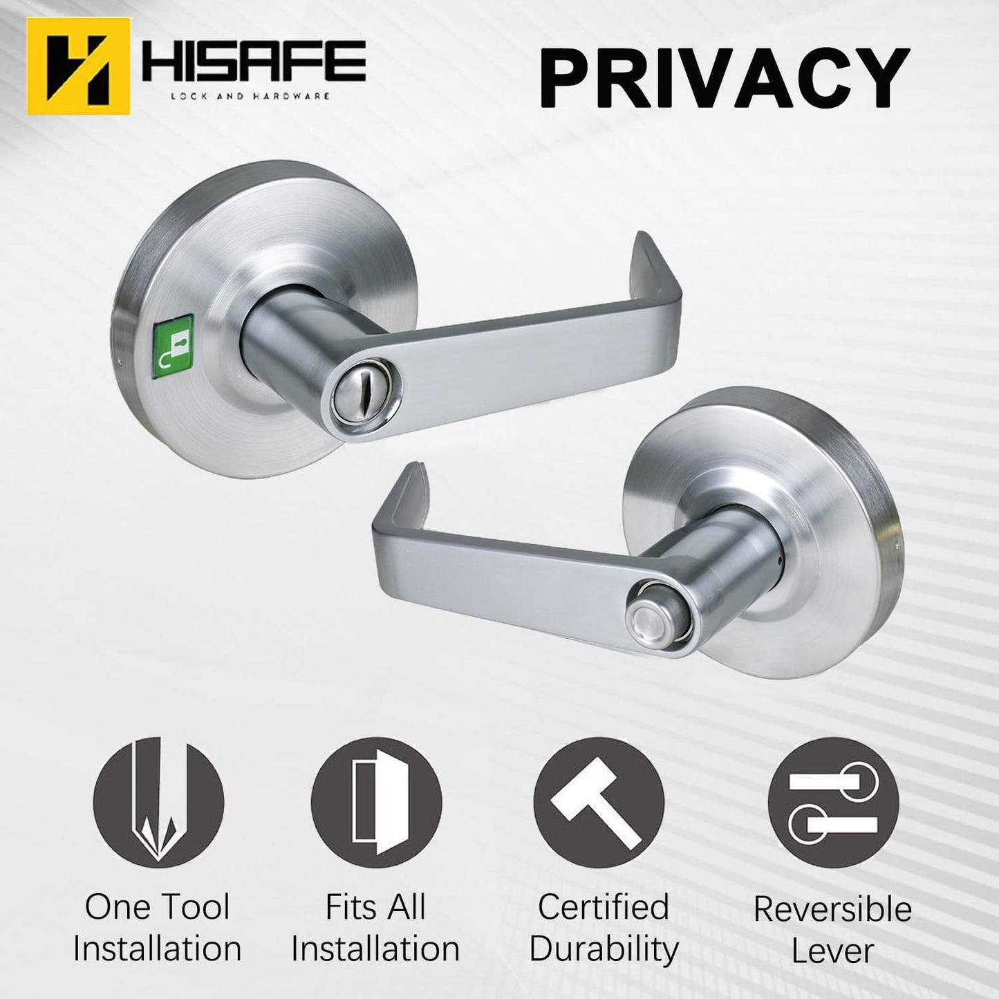 HISAFE Heavy Duty Commercial Grade 2 Privacy Door Lever, Satin Chrome Finished ADA Commercial Bathroom Door Handle, UL 3 Hour Fire Rated Ergonomic Lever, 70mm Latch