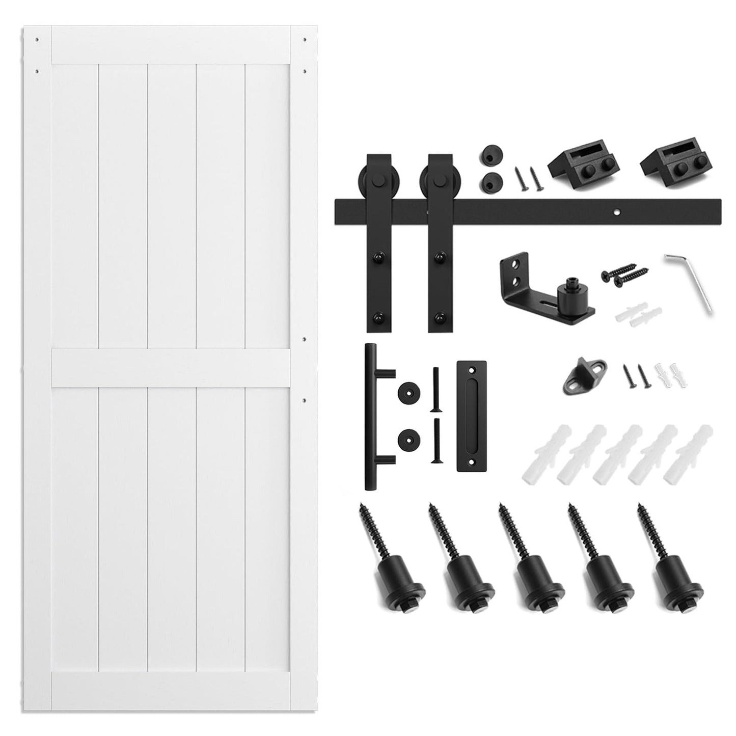 SmartStandard 36 x 84 inch White Sliding MDF Barn Door with 6.6FT Black Sliding Door Hardware Kit & Handle, Pre-Drilled Ready to Assemble, Waterproof PVC Coating, H-Frame