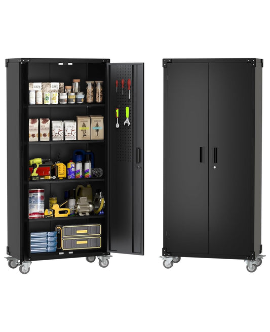72 Inch Rolling Storage Cabinet for Garage with Door Pegboard and Wheels, Heavy Duty Lockable Metal Storage Cabinet with 4 Adjustable Shelves, Black Tool Organizer Locker for Garage, Home, Workshop