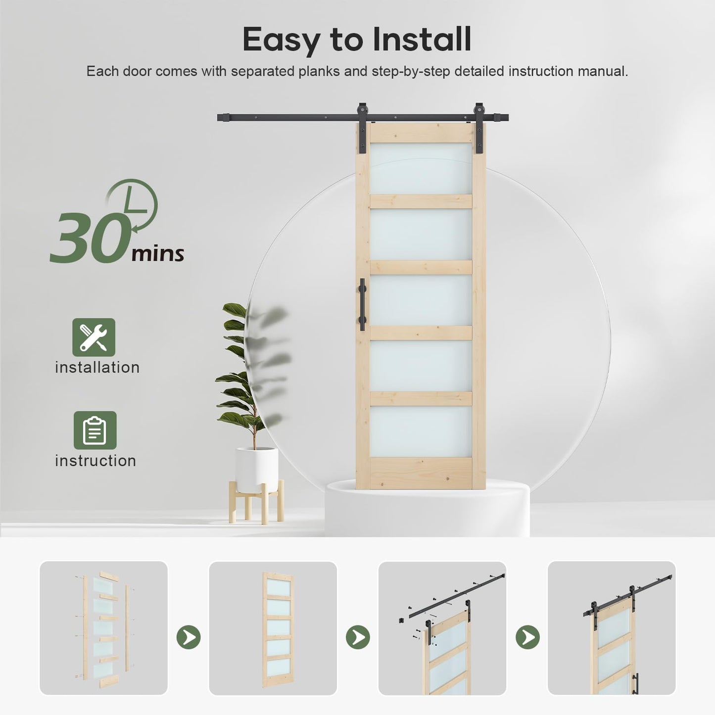 ROYMELO 32x84 inch Glass Sliding Barn Door Slab with 5.5ft Hardware Kit Included, 5-Panel Frosted Glass, Spruce Wood Support DIY Dyeing, Easy Assembly