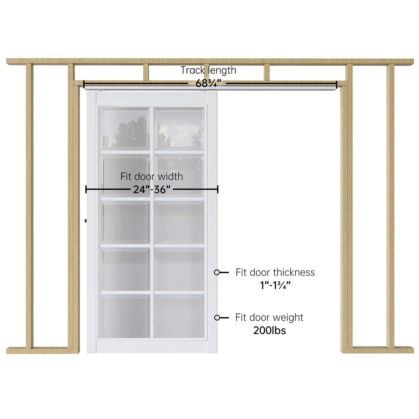 EaseLife 6FT/72in Sliding Pocket Door Hardware Kit,Commercial Grade,Aluminum Box Rail Kit,Slide Smoothly Quietly,Easy Install,No Door (68.75in Track for 24"~36" Wide Single Door)