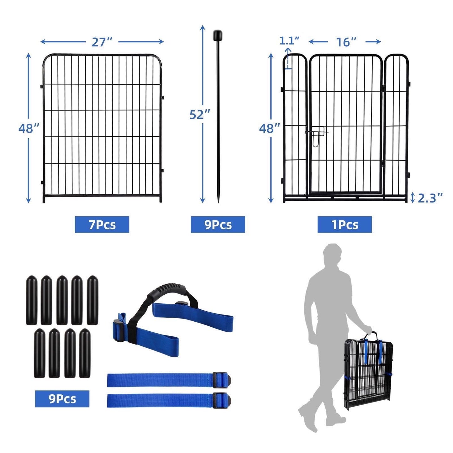 ADAVIN Tall Garden Fence with Gate, 48 in(H) 8 Panels Heavy Duty Iron Metal Animal Barrier Fence, Indoor Dog Playpen, Temporary Fencing, Dog Fence Outdoor for Yard, Total17.7 Ft(L), Black