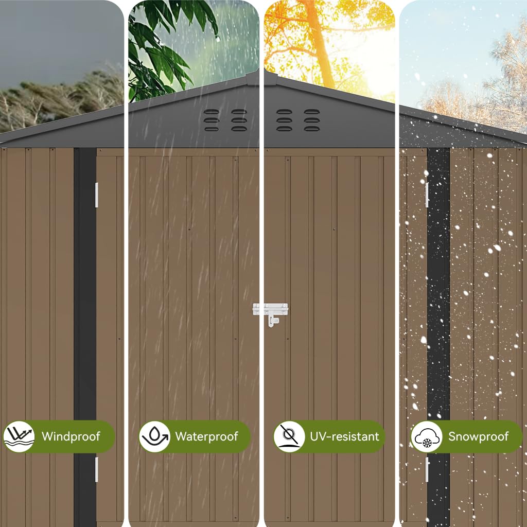 COMHOMA Shed Outdoor Storage Shed Metal,Lockable Doors Tool Sheds with Sloping Roof,Steel Garden Shed with Air Vent for Backyard,Patio,Lawn,Poolside(Brown,8'x6')