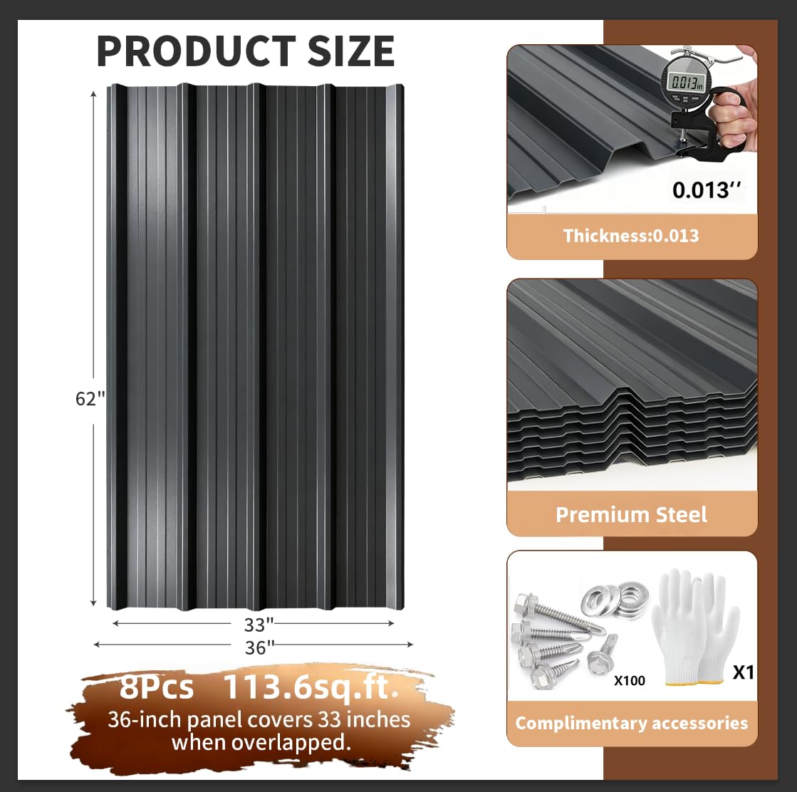 Extra-Wide Coverage Metal Roof Panels (62"x33") Corrugated Galvanized Steel with Screws Waterproof for Warehouse Industrial Shed Garage Patio Roofing 8 Pcs Gray