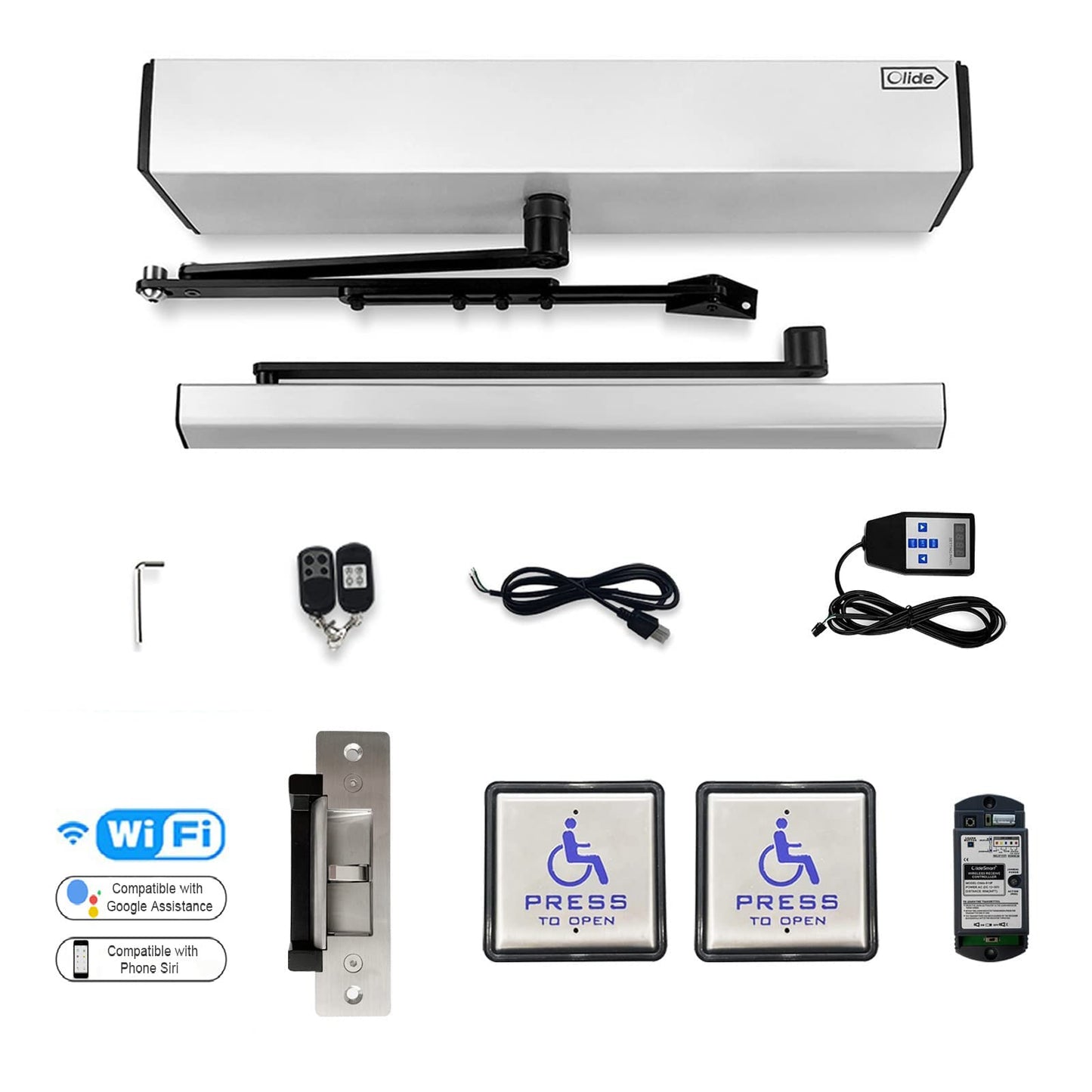 Olideauto Swing Door Operator Automatic for The Disabled,Commercial Smart WiFi Handicap Door Opener Wireless Olide-120B with Wireless Handicap Push Button&Receiver and DC12V 880lbs Electric Strike
