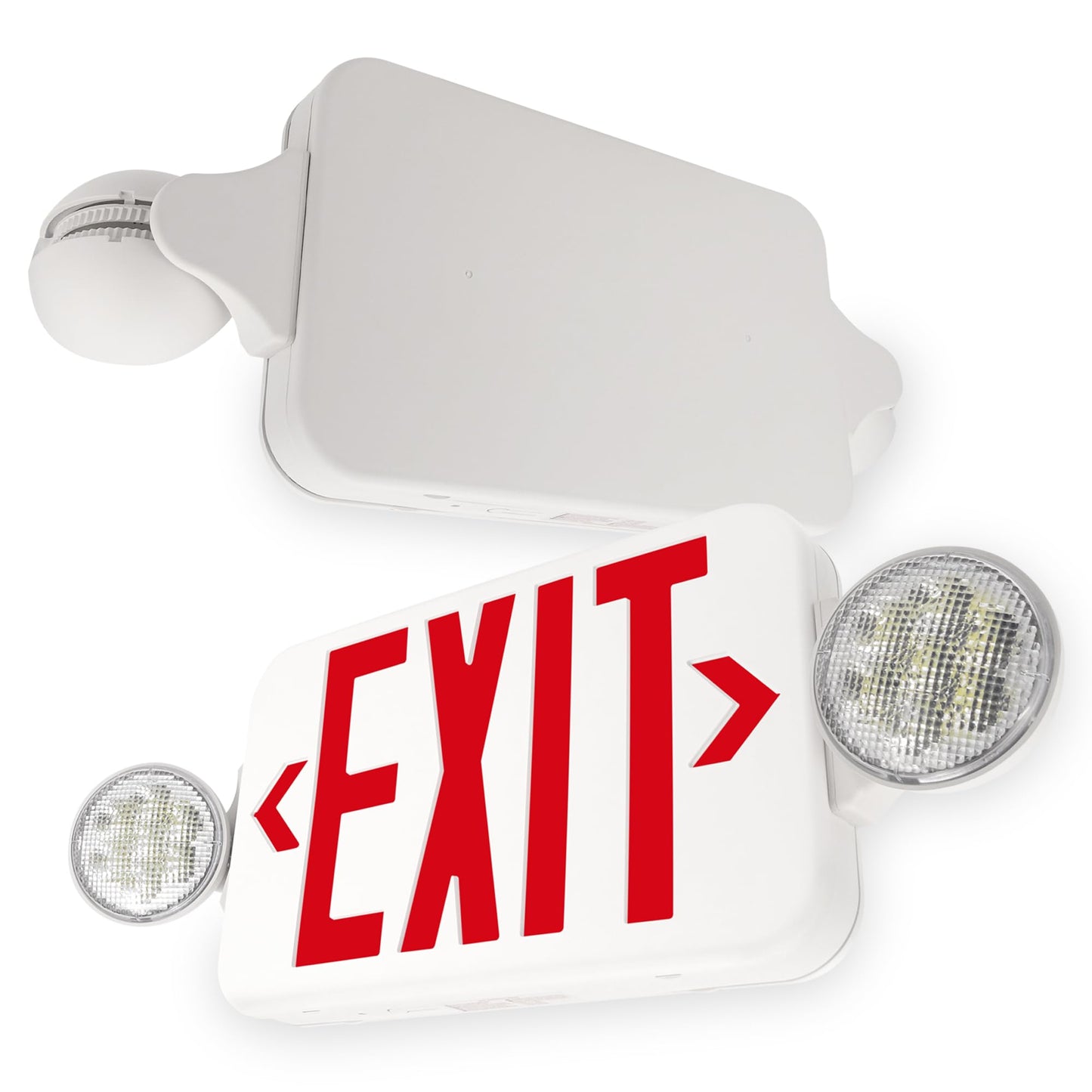 LFI Lights® Compact COMBO, UL 924 Listed Exit Sign with Emergency Lights, Red LED, White, 120/277VAC Hardwired with Battery Backup, Optional Double Face and Knock Out Arrows COMBOJR2RWBB