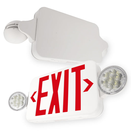LFI Lights® Compact COMBO, UL 924 Listed Exit Sign with Emergency Lights, Red LED, White, 120/277VAC Hardwired with Battery Backup, Optional Double Face and Knock Out Arrows COMBOJR2RWBB